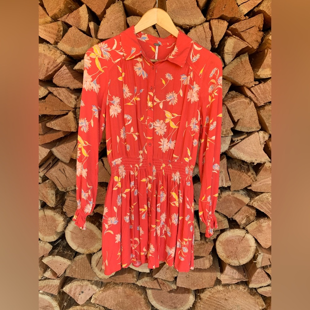Free People Women’s XS Prairie Western Red Floral Dress Boho Puff Sleeve Peasant